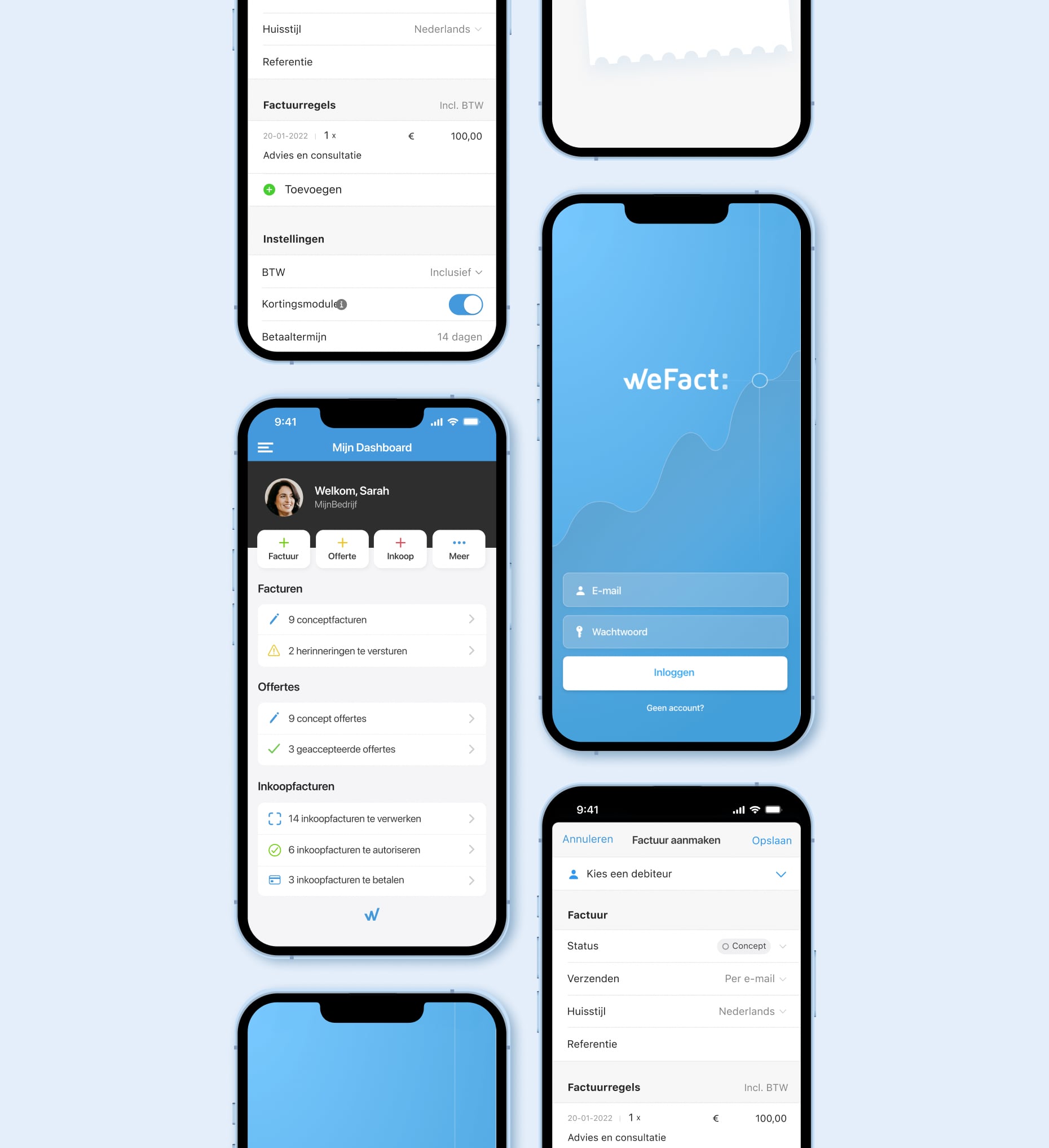Capture d'écran de WeFact — Mobile app screens: invoice editor and dashboard
